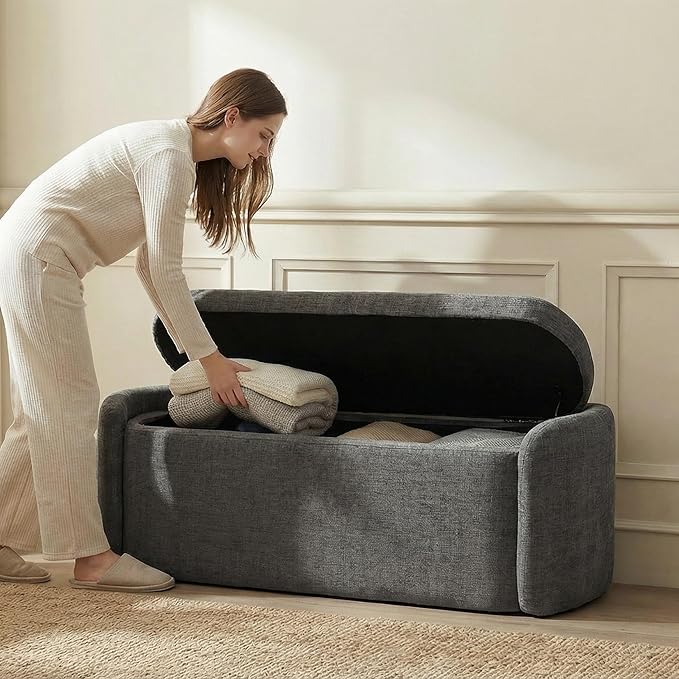 VKNOW 46" Oval Storage Ottoman Bench, Upholstered End of Bed Bench Ottomans Bench Foot Rest, Sherpa Storage Bench for Bedroom, Living Room and Hallway, Dark Grey