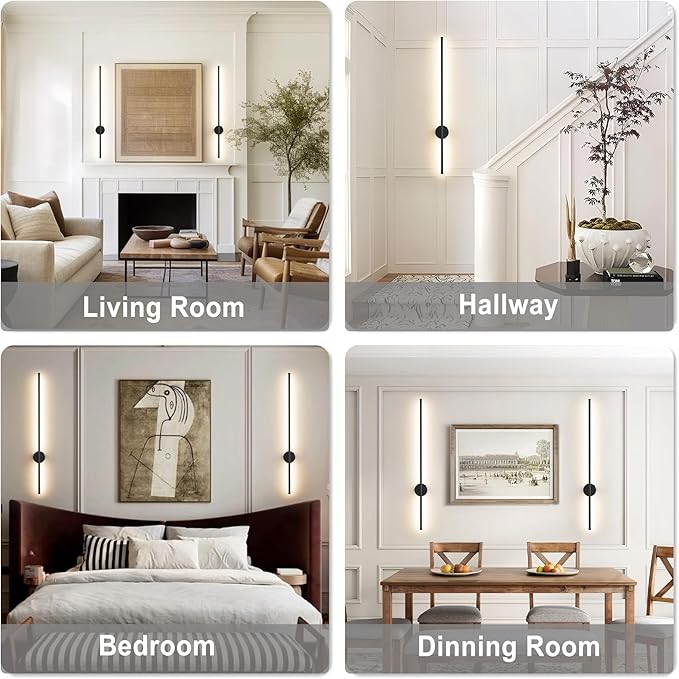 Motion Sensor Battery Operated Wall Sconce Set of Two - Modern Rechargeable Wireless Wall Lights with Remote Control, Dimmable, 3000K/4000K/6000K, Timer for Living Room, Hallway, Black, 39.3 Inch
