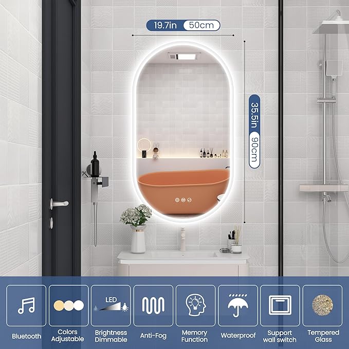 STARLEAD 36"x20" Oval LED Bathroom Mirror with Bluetooth Speaker, Dimmable Lighting, 3 Color Modes, Anti-Fog, Touch Control Wall Mounted Vanity Mirror