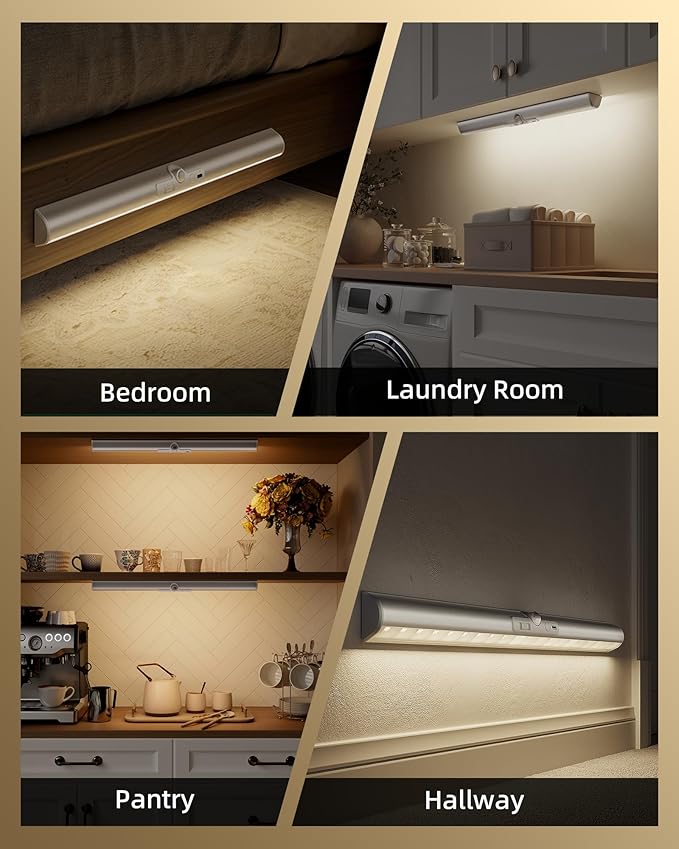 EZVALO 17-Inch LED Motion Sensor Closet Lights, 3600mAh Rechargeable Battery Operated, 150 Lumens No-Glare Curved, 3 Color Temperatures & Dimmable Wardrobe Lights for Panty & Shelves - 3Pack