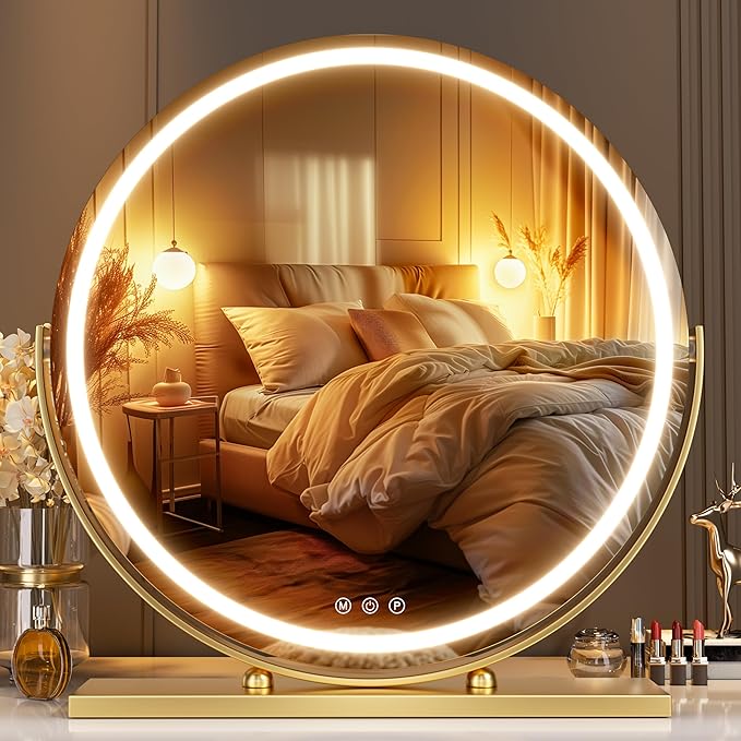 Hasipu Vanity Mirror with Lights, 23.6" LED Makeup Mirror, Lighted Makeup Mirror with Lights, Smart Touch Control 3 Colors Dimmable Round Mirror 360°Rotation Gold