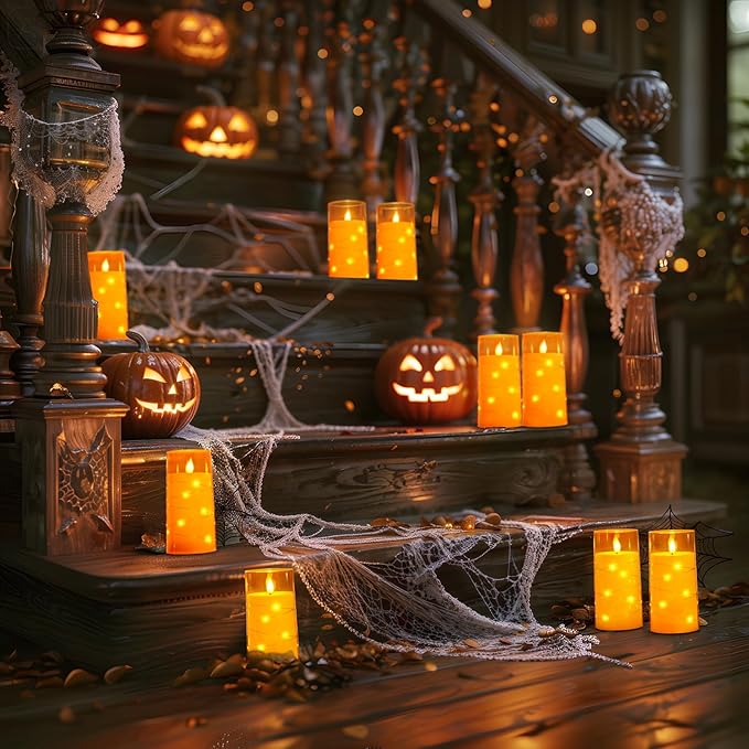 Homemory Flameless Candles with Embedded Star String Fairy Lights, Battery Operated Candles, LED Candle, Fake Candles with Remote Control and Timer, Orange, Set of 2(H 6" 6")
