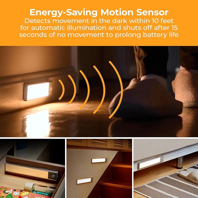 PureOptics LED Rechargeable Under Cabinet Lighting, Motion Sensor On/Off, Warm White LED, Stick-On Install for Kitchen & Closets - 2 Bars