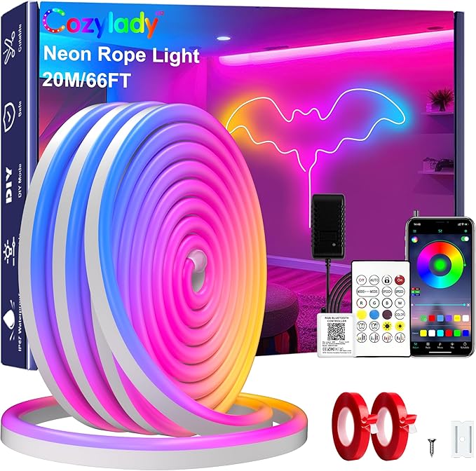 Cozylady 66Ft (33Ft * 2 Rolls) RGB LED Neon Rope Lights for Bedroom, 20m LED Strip Lamp with Double Sided Adhesive Tape, App/Remote Control DIY Lights Decorate The Outdoor and Indoor of Your Home