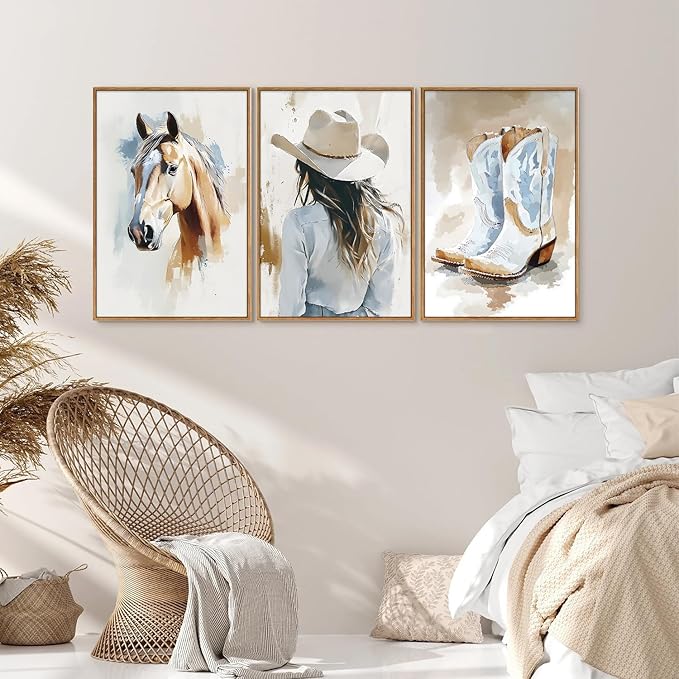 YeeHomedec Large Western Cowgirl Posters Framed Canvas Wall Art Set, Blue and White Horse Wall Decor, Glam Rodeo Boots Art Print, Vintage Country Hat Artwork for Living Room Bedroom Dorm 24"x36"x3