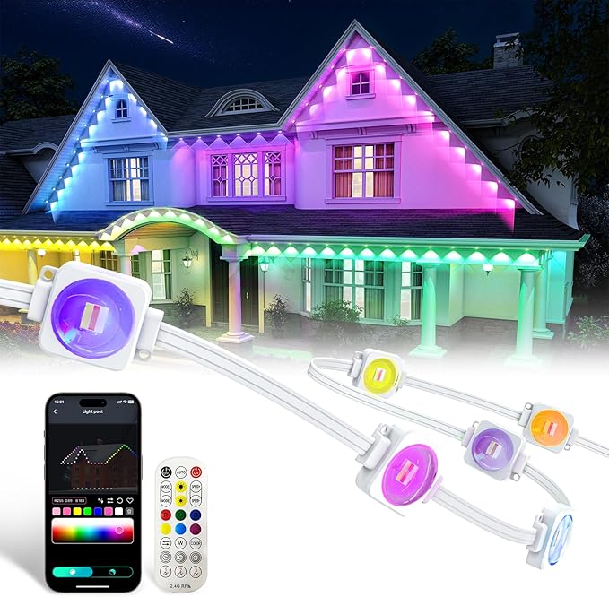 Permanent Outdoor Lights Pro,300ft RGB+IC Smart Outdoor Decor,App/Remote,Christmas,Halloween,Multi Scene Modes,IP67 Waterproof,Eaves Light with Daily & Holiday Party Decor,House Roof Lighting