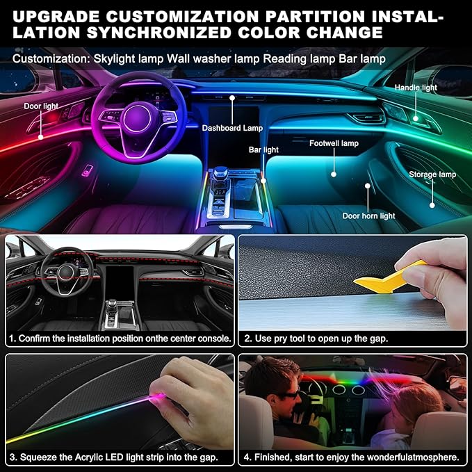 Acrylic Interior Car LED Strip Light with Wireless APP, Dreamcolor RGB 10 in 1 with 175 inches 600 LEDs Fiber Optic Car Ambient Lighting Kits, Dual Zone Sound Active Function LED Strip for Car