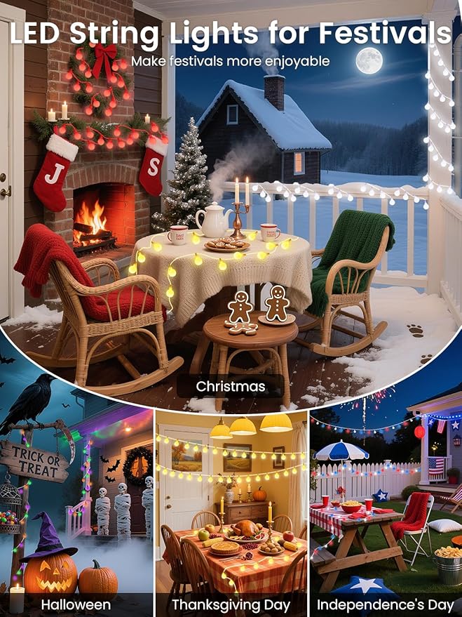 2026 46ft Smart Color Changing Red White and Blue String Lights Outdoor Indoor | 100LED 4th of July Decorations App Control with Remote, Globe Patriotic Light Plug in for Independence Day Memorial Day