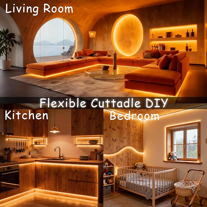 Warm White Led Lights Strip Rope Lights for Easter Housewarming Party Indoor Decor Cuttable Strip Lights for Baby Room Bedroom Bathroom Living Room Kitchen Ceiling Wall Vanity Mirror Decoration