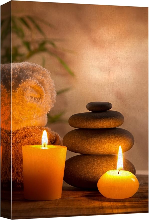 wall26 Canvas Print Wall Art Massage Stones with Atmospheric Candles Floral Nature Photography Realism Zen Scenic Relax/Calm Multicolor for Living Room, Bedroom, Bathroom, Office - 32"x48"