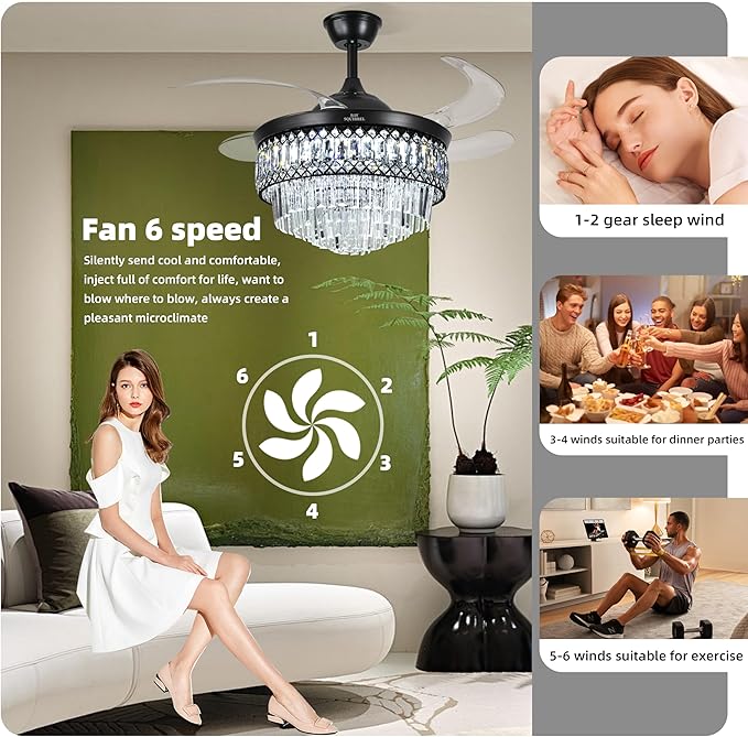 BAYSQUIRREL Retractable Crystal Ceiling Fan with Lights, Bluetooth Ceiling Fan with Speaker, 6-Speed Reversible Blades, RGB-LED Light, Low Profile Modern Fandelier Fan for Bedroom Living Room 42"