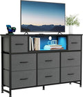 DUMOS TV Stand Dresser with 8 Fabric Drawers and Open Shelves, LED Entertainment Center with Charging Station, Wood Top Media Console for 45-55 inch, Bedroom, Grey