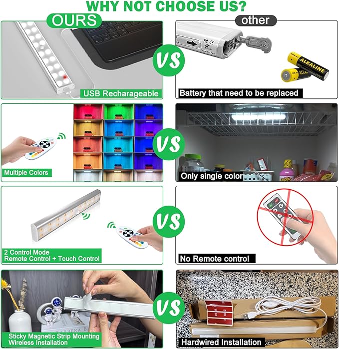 Under Cabinet Lighting Wireless Rechargeable Battery Operated LED Closet Lights Dimmable Under Counter Lights Bar with Remote, RGB Changing Perfect for Kitchen Bedroom Stairs, 6 Packs