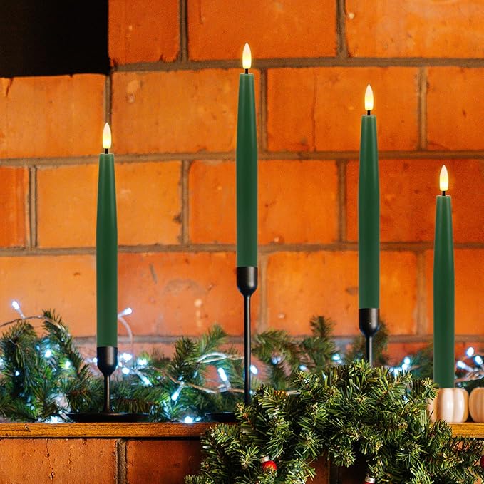 GenSwin Flameless Taper Candles with Remote Timer, Real Wax LED Flickering Candlesticks Battery Operated 3D Wick for Wedding, Party, Home(Christmas Green, 9.84", Set of 3)
