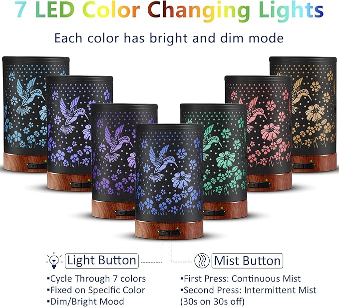 Essential Oil Diffuser Aromatherapy Diffuser - Metal Aroma Diffuser for Home 150ml Ultrasonic Cool Mist Diffuser with 7 Colors Light Auto Shut-Off Protection for Home Office Decor & Gift(Hummingbird)