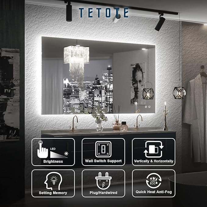 TETOTE 40 x 24 LED Backlit Vanity Mirror Bathroom,3Color White/Warm/Natural,Anti-Fog Lighted Mirror,Dimmable,Wall Mounted