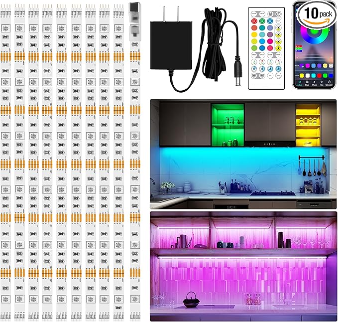 maylit 10 PCS RGB Under Cabinet Lighting Kit, App and Remote Control Led Strip Lights, Music Sync Color Changing Led Lights with ETL Listed Power Adapter, for Cabinet, Counter, Shelf, Bookcase,16.4ft