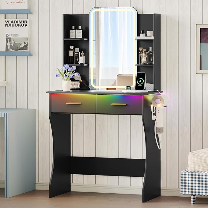 Vanity Desk with LED Lights Mirror & Power Outlet, Small Makeup Vanity Table Set with Storage Drawers, 3 Lighting Modes & Adjustable Brightness, Dressing Table for Women Girls Bedroom, Black(NO Stool)
