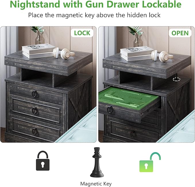 HNEBC Set of 2 Smart Farmhouse Nightstands with Gun Safe Drawers, 3-Color Auto LED Lights, Built-in Charging Station & Hidden Compartment, Bedroom Bedside Tables Rustic Brown