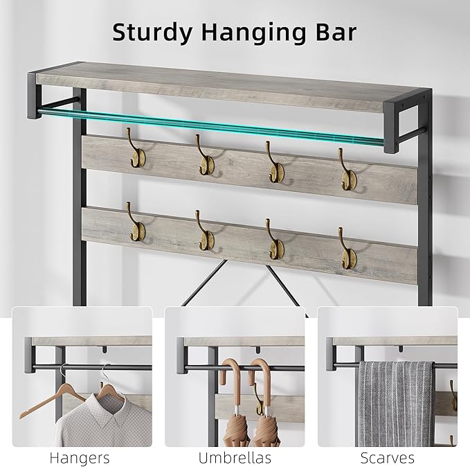 Hall Tree with Bench and Shoe Storage, Entryway Coat Rack with 2-Tier Shoe Bench, Hallway Organizer with Hooks, Hanging Rod and Top Shelf for Hallway Mudroom Bedroom, Grey