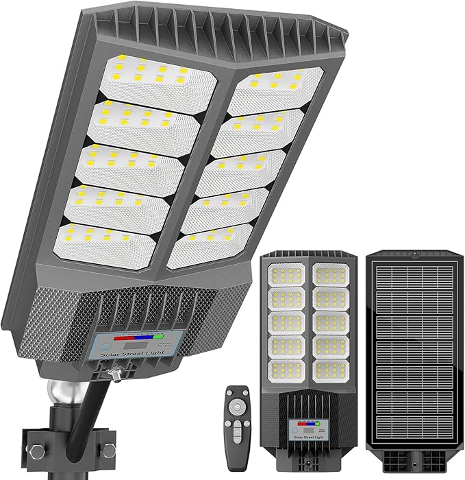 loyoele Solar Street Light with Pole Mount, Dusk-to-Dawn Outdoor LED, 300000 LM, 7000K IP67 Waterproof, Adjustable Modes, for Yard, Parking Lot, Street, Pathway
