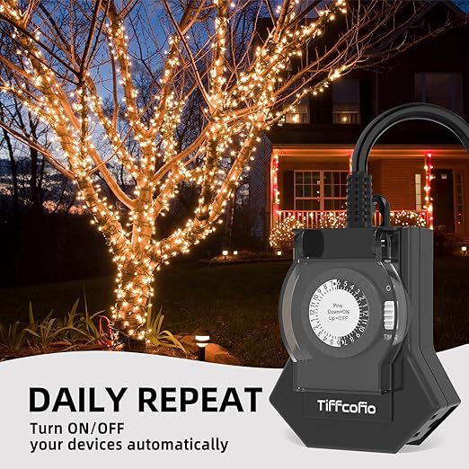 Outdoor Timer Outlet Waterproof, 24 Hour Mechanical Light Timer Outdoor, 2 Grounded Outlets for Home and Garden, 15A 1/2HP, Heavy Duty, ETL Listed (1 Pack) (1 Pack)
