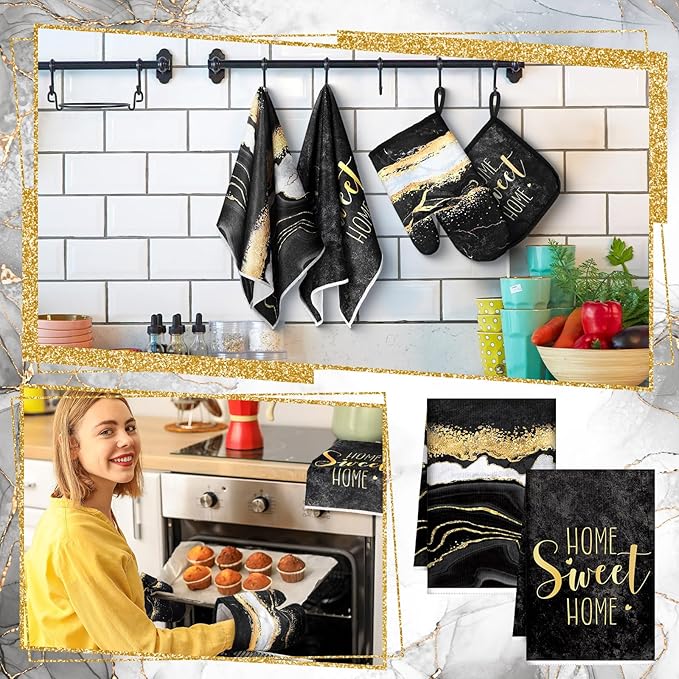Bencailor 6 Pcs Marble Kitchen Decor Gold Pot Holders Oven Mitts 2 Dish Towels 2 Farmhouse Cooking Mittens Oven Glove and Potholder for Baking Cooking Grilling Supply Accessories(Black)