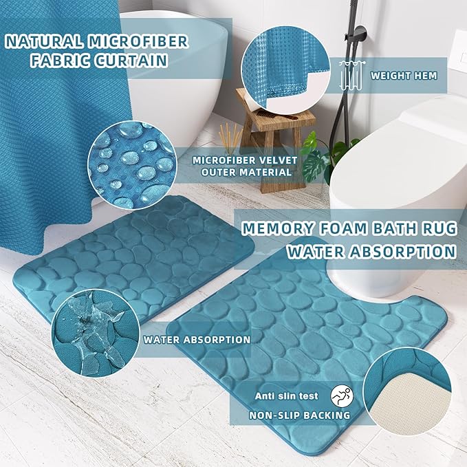 XLHOMO Bathroom Accessory Set - 25PC Teal Bathroom Set, Bathroom Set with Shower Curtain and Rugs, Bathroom Accessories Set, Shower Curtain Set, Trash Can & Soap Dispenser