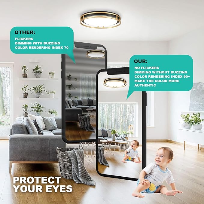 13 Inch LED Flush Mount Ceiling Light Fixture, 26W, Super Bright 1700 Lumens, 3 Color 3000K/4000K/5000K, Dimmable Ceiling Lamp for Bedroom Hallway Bathroom Kitchen Laundry (Black Gold)
