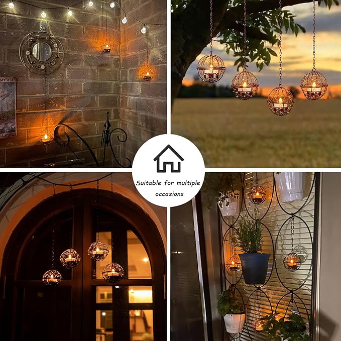 Outdoor Solar Hanging Lanterns Waterproof, Globe Hanging Candle Holder with Flickering Solar Powered Tea Lights, Chargeable Chandelier Light for Backyard Patio Garden Fence Tree Decoration-4Pack