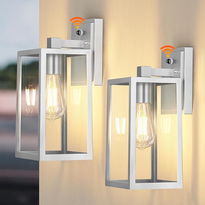 PARTPHONER Silver Dusk to Dawn Porch Lights Fixtures Wall Mount, Sensor Exterior Lighting Lamp set of 2, Anti Rust Wall Sconce, Waterproof Outdoor Wall Lantern for House Doorway, Garage, WTWL176AS2