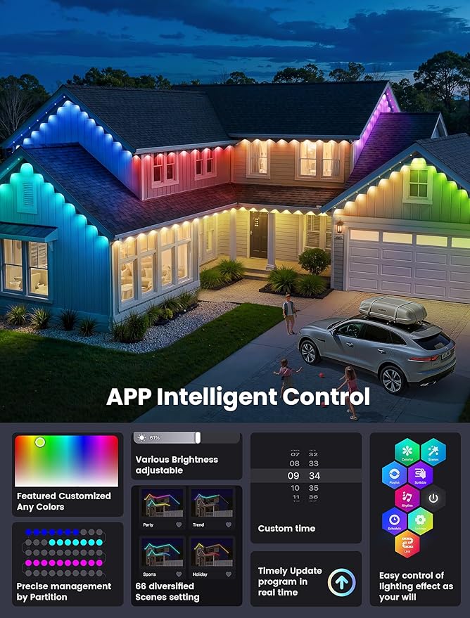 Permanent Christmas Lights Outdoor for House,100FT Smart RGBIC Outside Light with 66 Scene Modes,IP67 Waterproof Color Changing Lights for Roof,Eaves,Xmas,Halloween,All Holiday Decorations