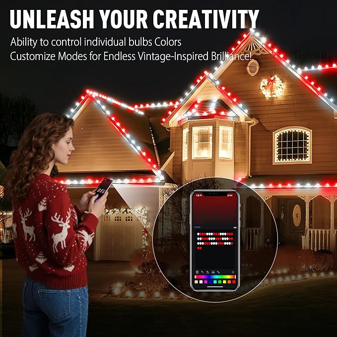 Smart C9 Christmas Lights Outdoor, 174 Feet 200 LED C9 String Lights App Control, 105 Light Modes, Waterproof Commercial Grade Connectable RGB Christmas Tree Lights for Indoor Outside Roofline Patio