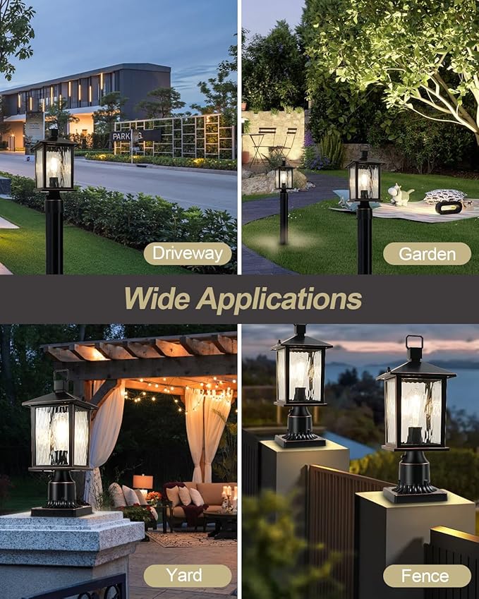 Dusk to Dawn Outdoor Post Light, Hardwired Oil-Rubbed Bronze Pole Lantern with Pier Mount Base, Water Ripple Glass, 17'' Waterproof Lamp Post Light Fixture for Driveway, Pathway, Yard