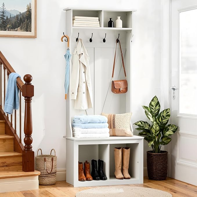 JUMMICO 75" Hall Tree with Bench and Shoe Storage, Farmhouse Entryway Bench with Coat Rack, Mudroom Storage Organizer with 4 Cubbies, 6 Hooks, Detachable Top Cubby for Entryway, Living Room, White