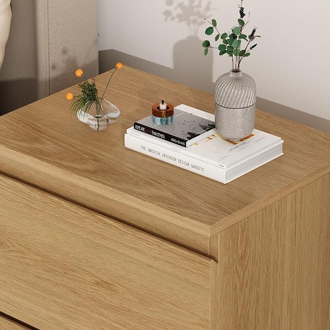 FAMAPY Modern Nightstand with 2 Drawers, Bedroom Storage Cabinet, Modern End Side Table, No Handle Design, for Living Room Natural 15.7”W x 11.6”D x 18.9”H
