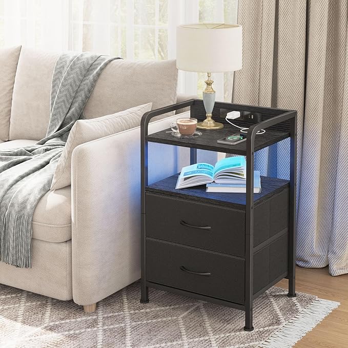 Fixwal Night Stand for Men Bedroom with Charging Station & LED Lights, Nightstand with 2 Fabric Storage Drawers and Edge, Black