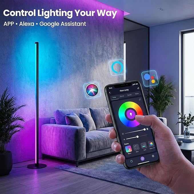 24V Smart RGB Floor Lamp with Independent Color Control Warm & Cool White, 2000 Lumens Reading Light, Music Sync, Compatible with Alexa & Google Assistant, App & Remote Control