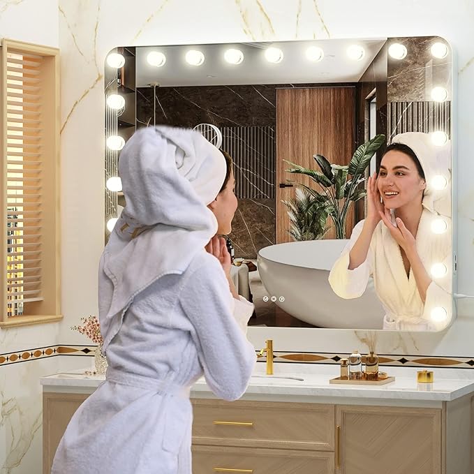 Hasipu Vanity Mirror with Lights, 40" x 29" Hollywood Mirror, Makeup Mirror with 21 Dimmable Bulbs and 10X Magnification, 3 Colors Modes, Touch Control, USB Charging Port, Type-C (Round White)