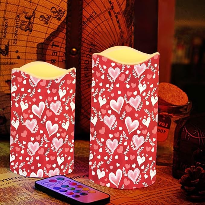 Red Heart Pattern Flickering Flameless Candles with Remote LED Pillar Candles Battery Operated with Timer Color Changing Electric Candles Valentine's Day Decoration