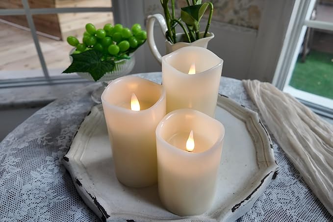 Flameless Pillar Candles Flickering with Remote Timer, Battery Operated LED Candles Up to 400 Hours, 3D Moving Flame Real Wax Candles. (Ivory with Invaginated top)