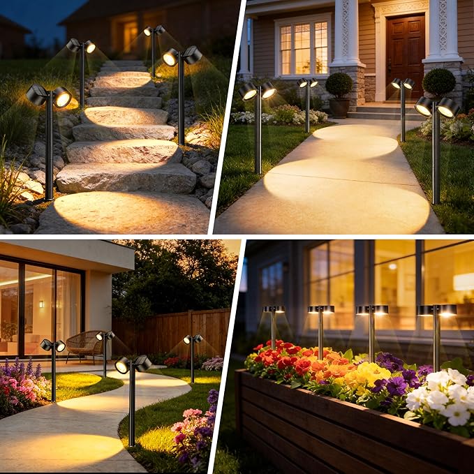 24 Inch Tall Solar Pathway Lights Outdoor, 2X Brighter & 150° Adjustable Dual-Head, IP65 Waterproof, Up to 15Hrs Auto On/Off Solar Landscape Path Lights for Yard Garden Driveway, 4 Pack