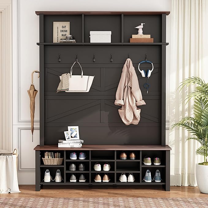 Farmhouse 4-in-1 Hall Tree with 6 Hooks, Practical Walnut Entryway Bench with Adjustable Shelves, Wooden Style Rustic Shoe Organizer with 16 Open Compartments for Mudroom, Living Room (Black/8C)