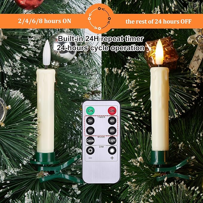IMAGE 12Pcs LED Taper Candles Light Set 5.3 inches Dripping Flameless 3D Wick Ivory Candles with Clip-on Christmas Tree Design, 10-Key Remote with Timer, Warm White Light Battery Operated for Decor