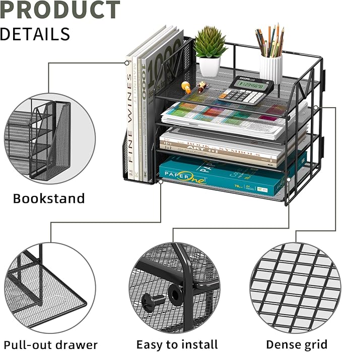 Metal Desk Organizers and Accessories with File Holder – Aesthetic Black Desk Accessories for Women Office Setup – Decorative Desk Set with Magazine Rack – Office Decor for Teen Girls
