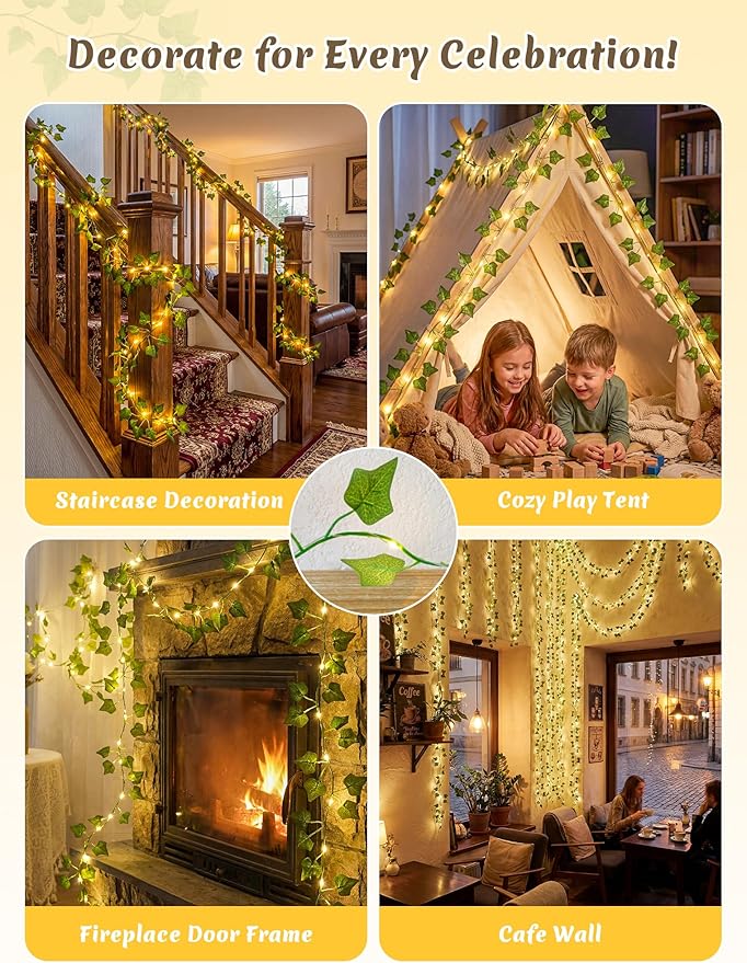 YOUNGAR Ivy Vines with Fairy Lights, Battery/USB Operated Leaf String Warm White Lights, 23FT 73LED Vine Lights with Remote for Bedroom Garland Wedding Birthday Garden Party Wall Room Headboard Decor