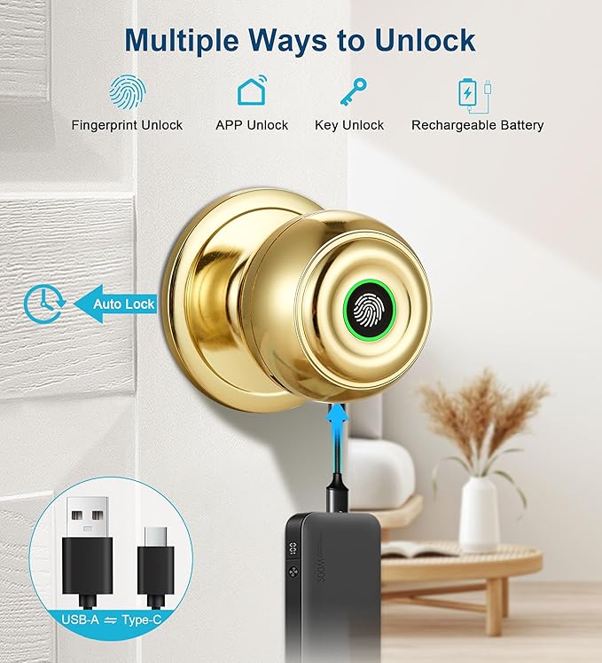 Fingerprint Door Lock, Smart Fingerprint Door Knob with Lock, Biometric Door knob with App Control & Key, Keyless Entry Door Locks for Bedrooms, Front Door, Home, Apartment Office-Polished Brass