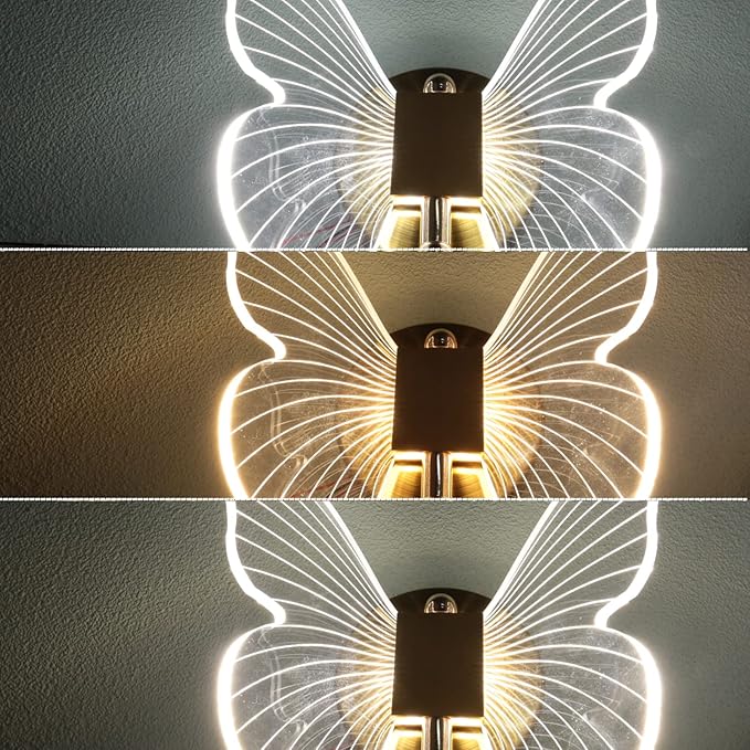 Chrasy 10W LED Wall Light Indoor, Modern LED Wall Sconce, Creative Acrylic Butterfly Wall Lamp with Golden Color Base for Bedroom Living Room Office Restaurant Hallway, 3 Color Temp Adjustable