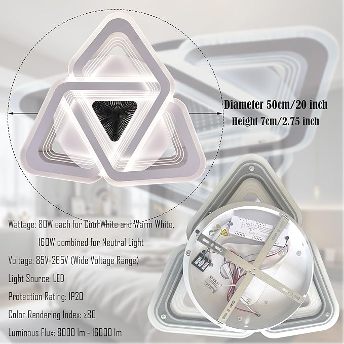 20-inch Triangle Ceiling Light Fixture Dimmable LED Bedroom Light with Remote & App Control, Unique Modern Flush Mount Lights Easy to Install, 80W Super Bright for Low Ceiling in Living Room