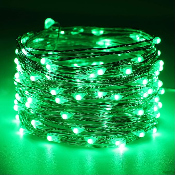 RUICHEN Silver Wire Fairy Lights Plug in 33 Ft 100 LED String with Spool, Green